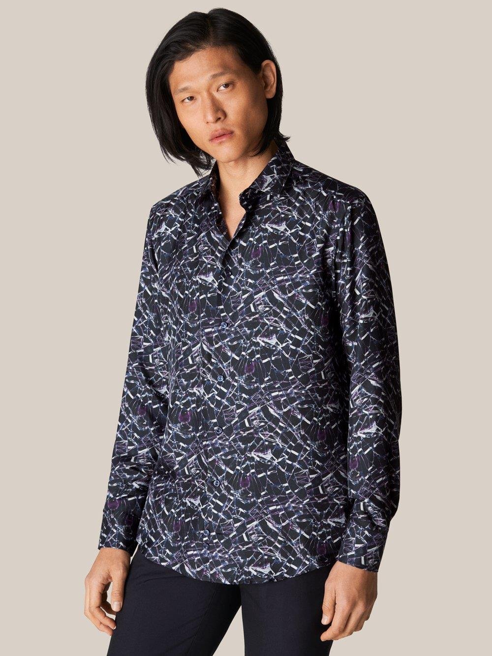 Lacivert Geometrik Desen İpek Twill Gömlek