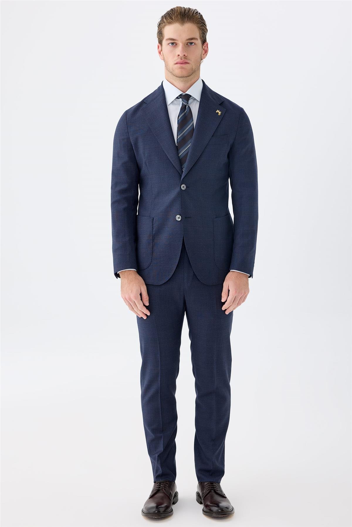 Lacivert Kahverengi Kareli Yün Takım Elbise