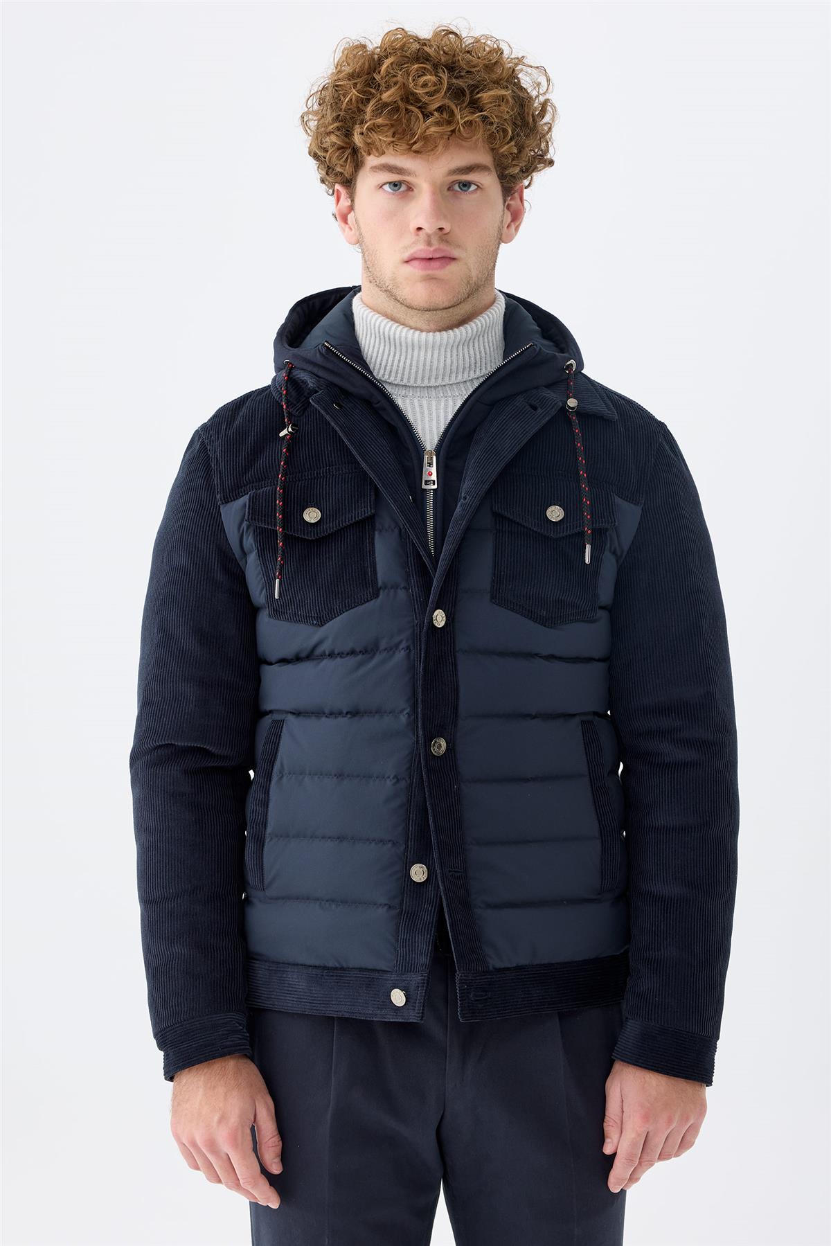 Lacivert Kapüşonlu Pamuk Spor Mont 