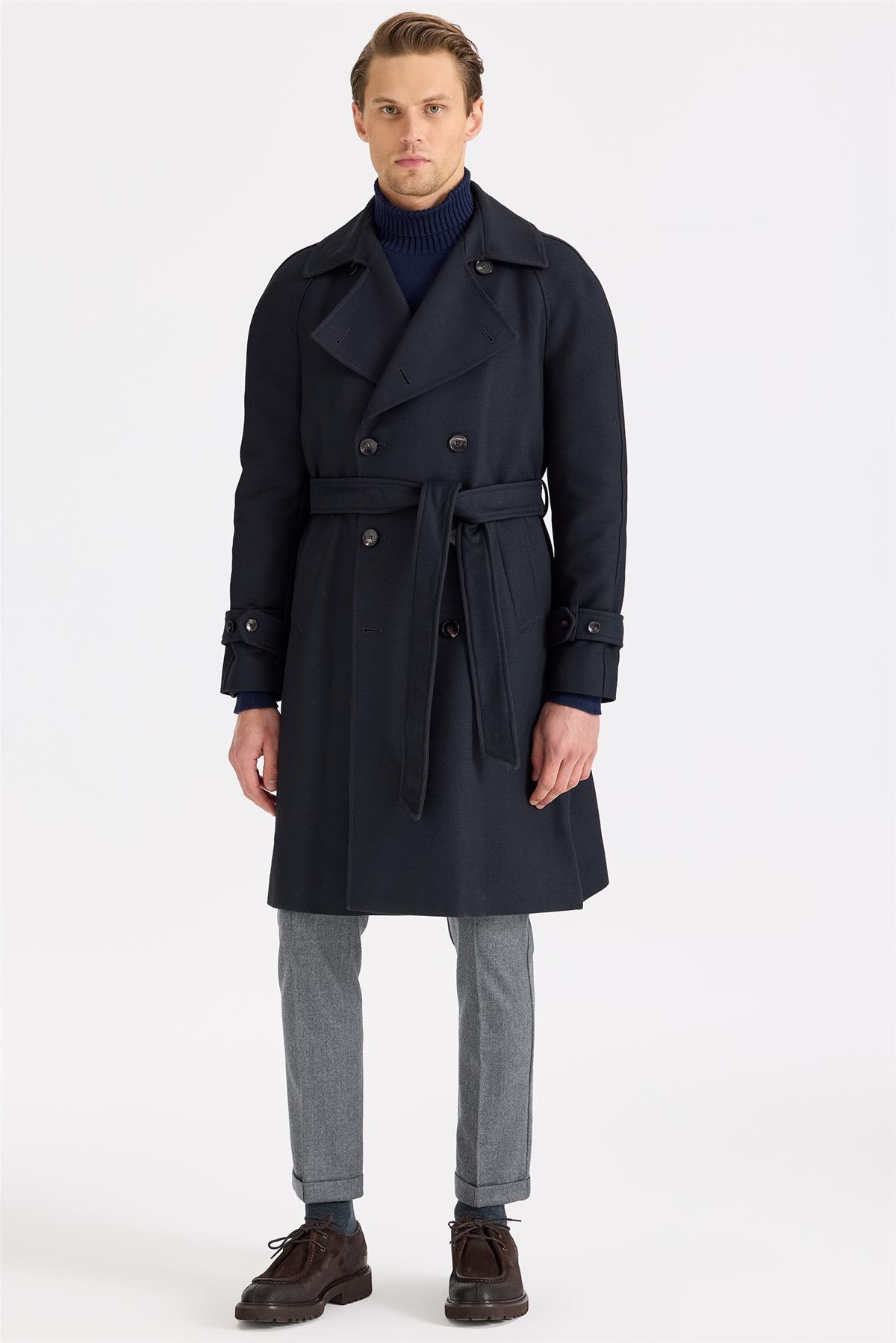 Lacivert Kruvaze Yün Teknik Palto