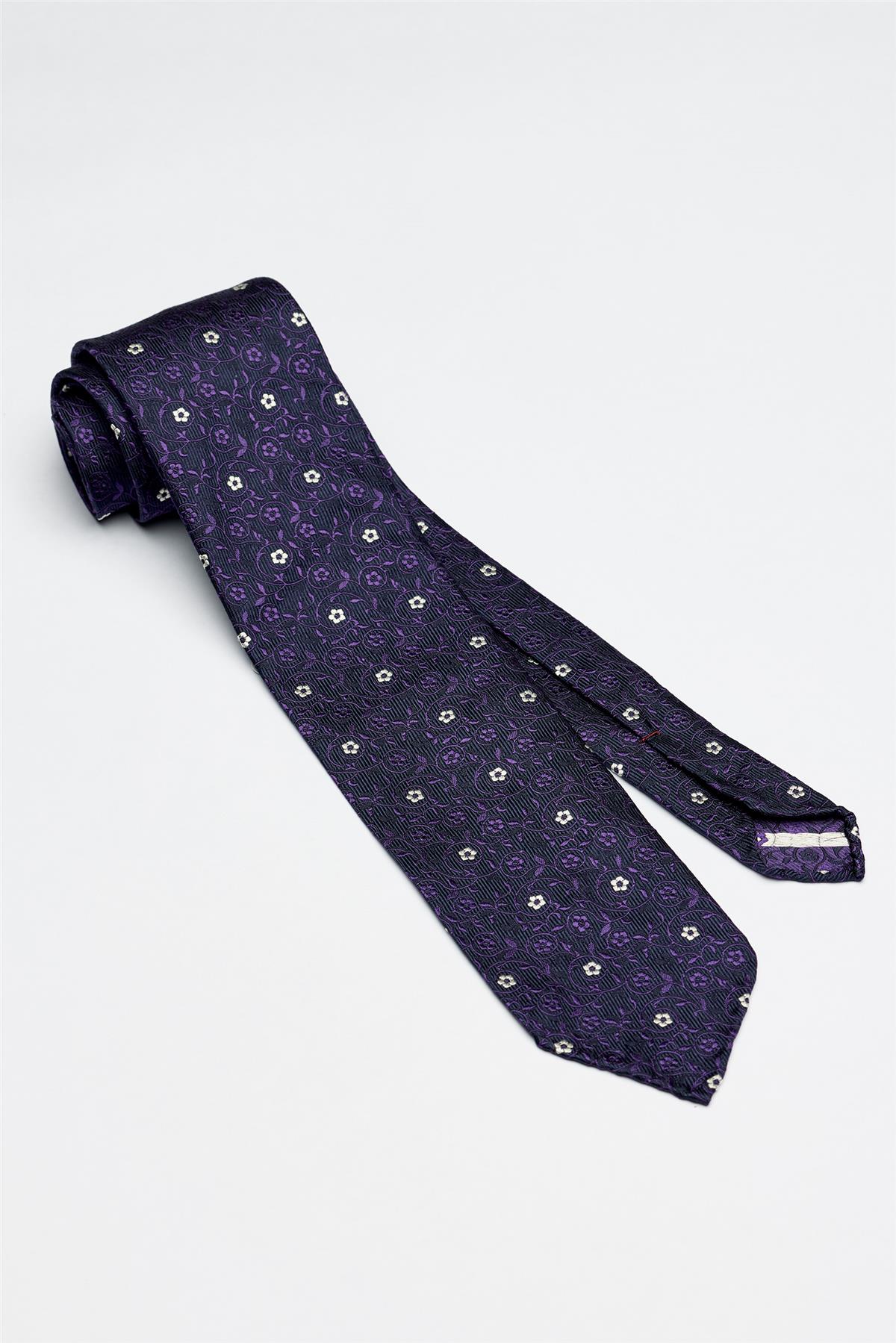 Lacivert Mor Beyaz Çiçek Desenli Astarsız İpek Kravat