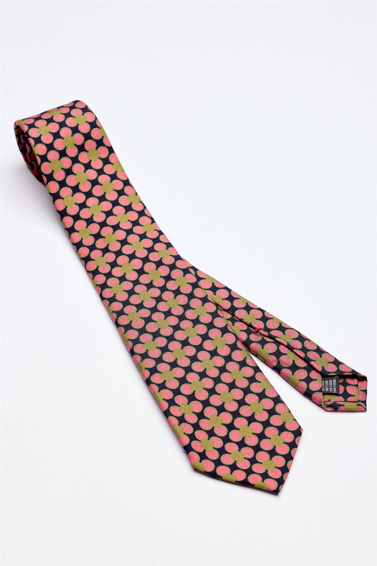 Lacivert Pembe Yeşil Desenli 7 Fold İpek Kravat