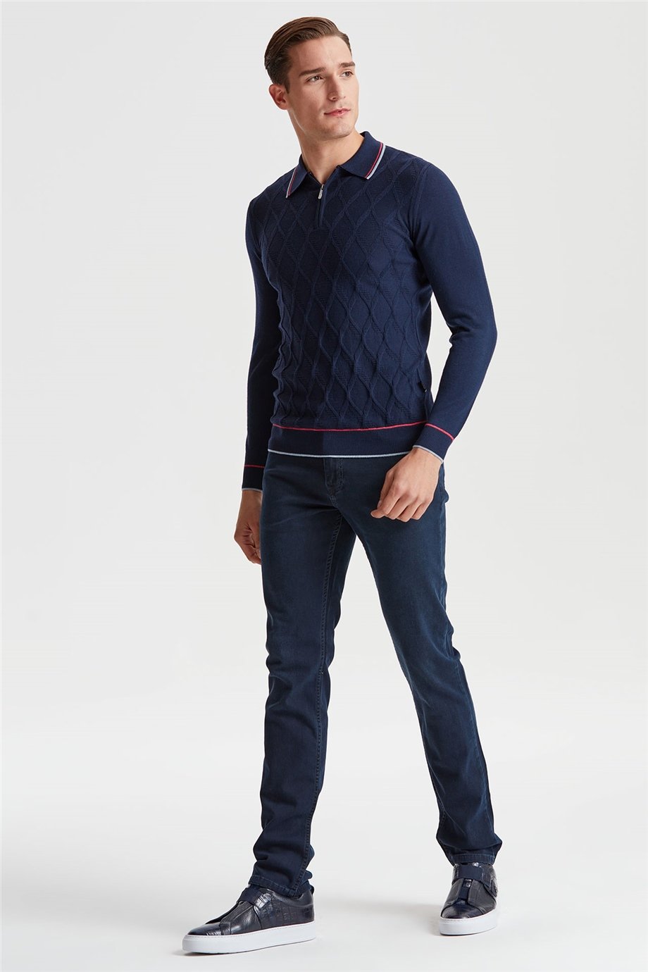 Lacivert Polo Yaka Fermuarlı Yün Triko