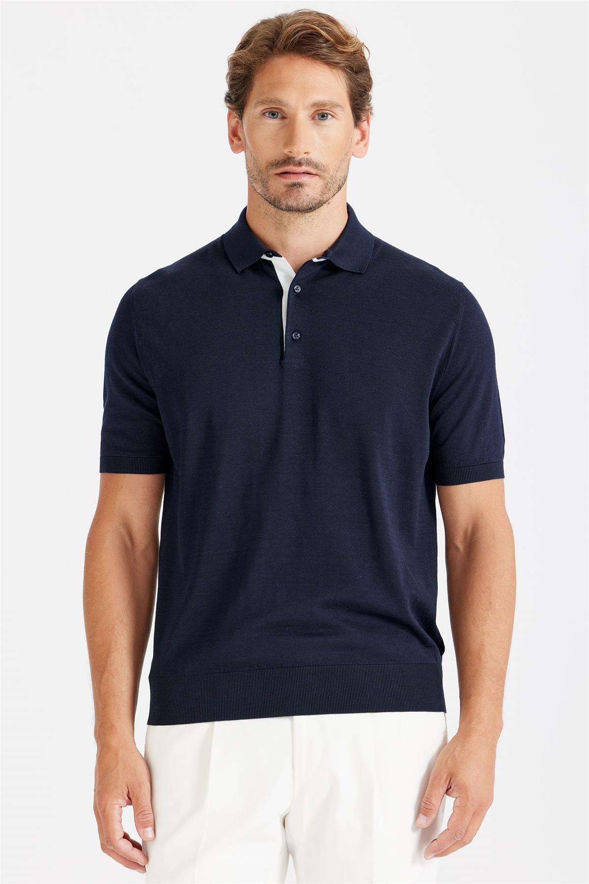 Lacivert Polo Yaka Pamuk İpek Triko