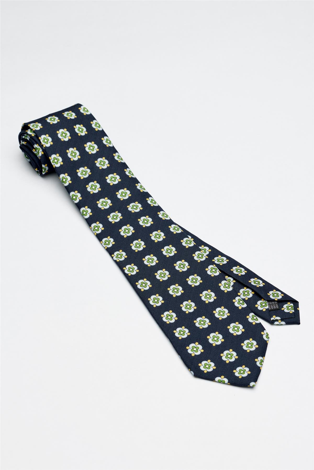 Lacivert Yeşil Desenli Seven Fold İpek Kravat