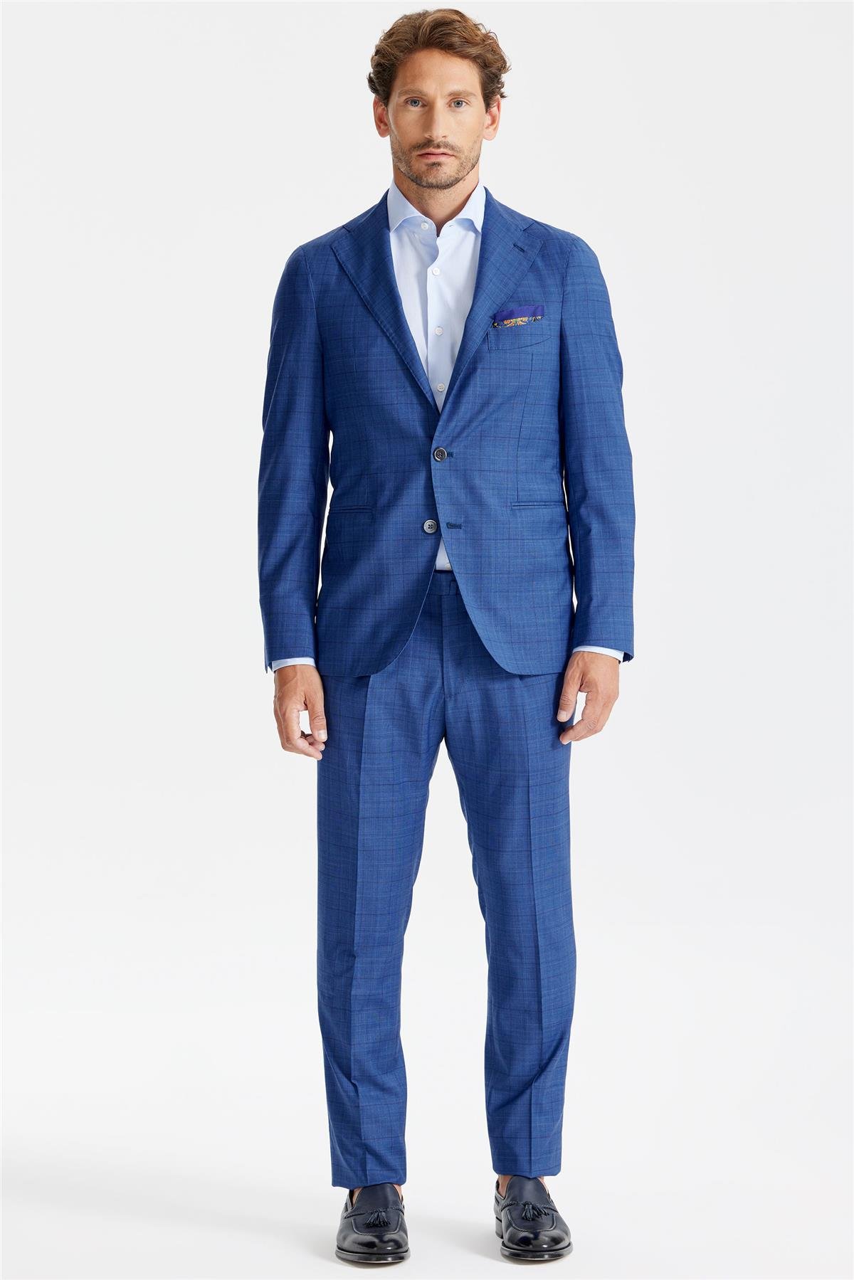 Mavi Ekoseli Yün Takım Elbise