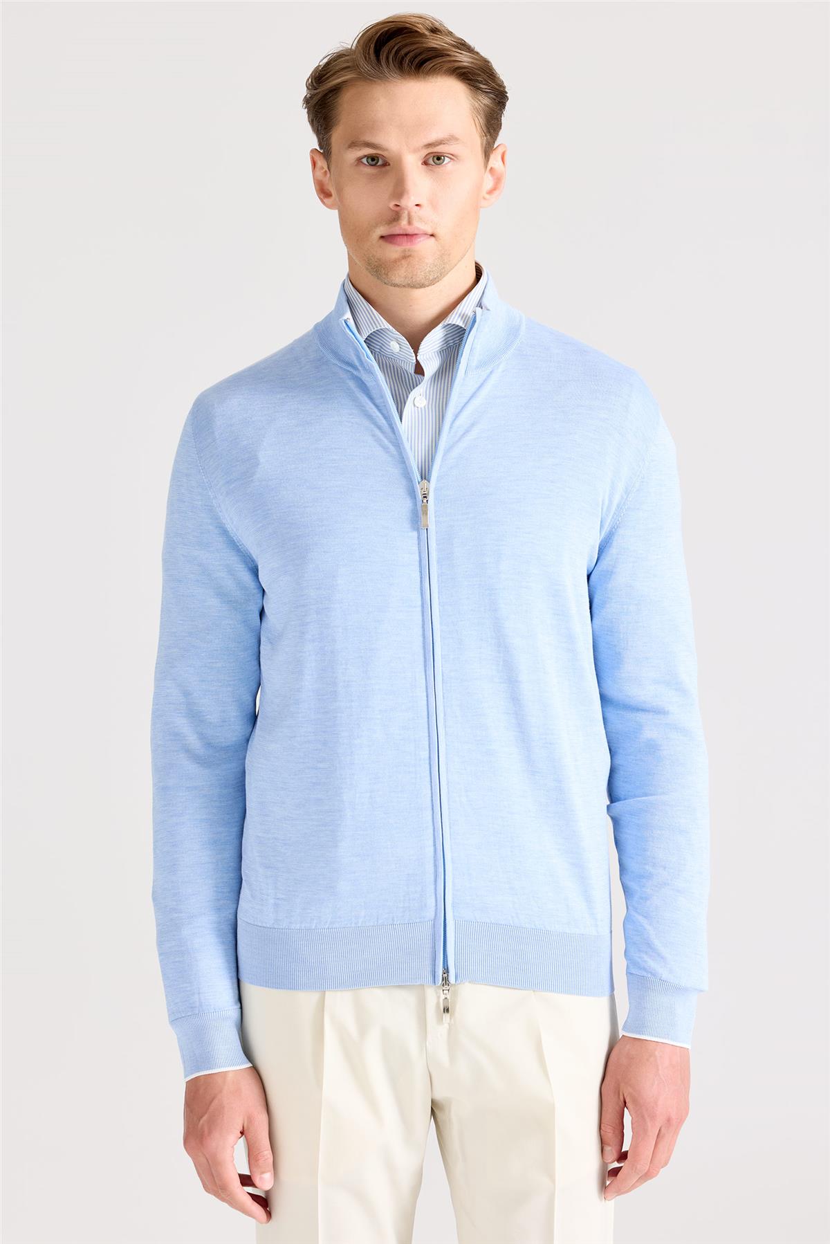 Mavi Fermuarlı Pamuk İpek Hırka