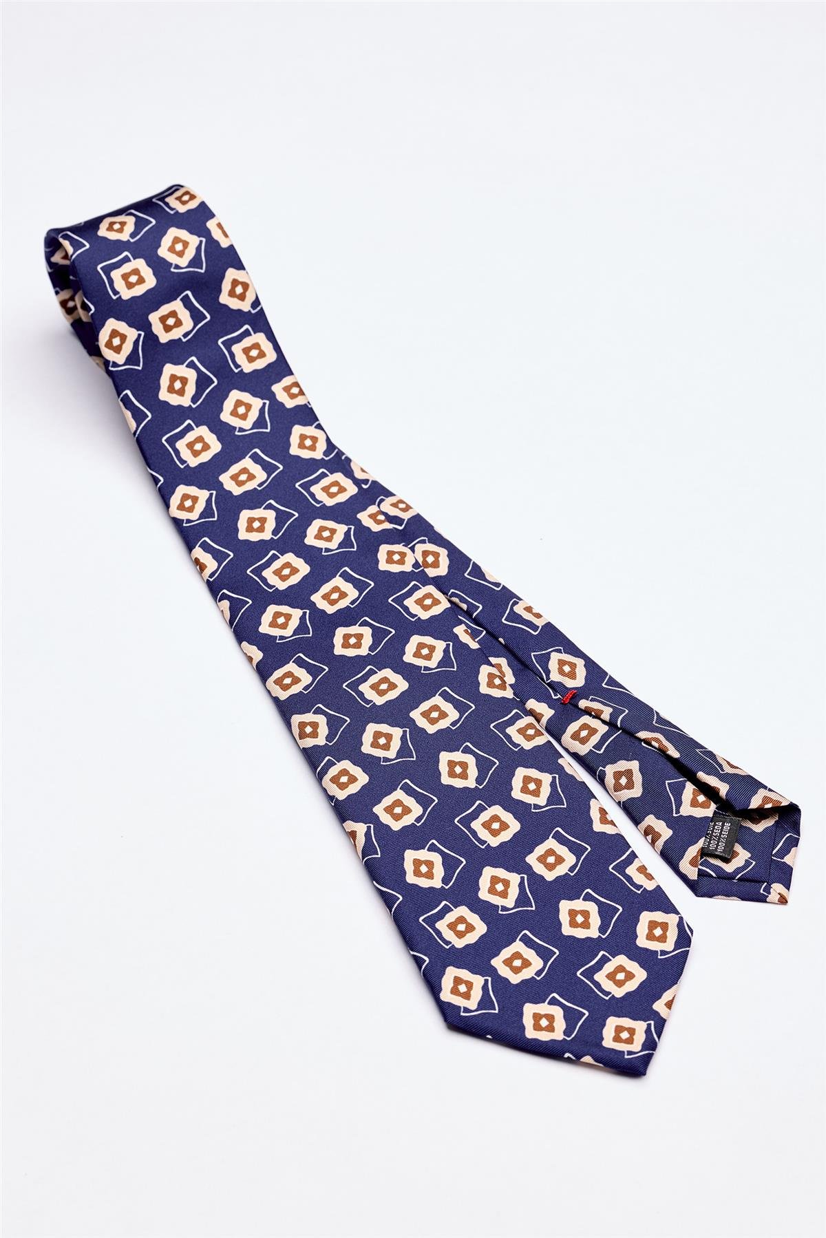 Mavi Kahve Desenli 7 Fold İpek Kravat