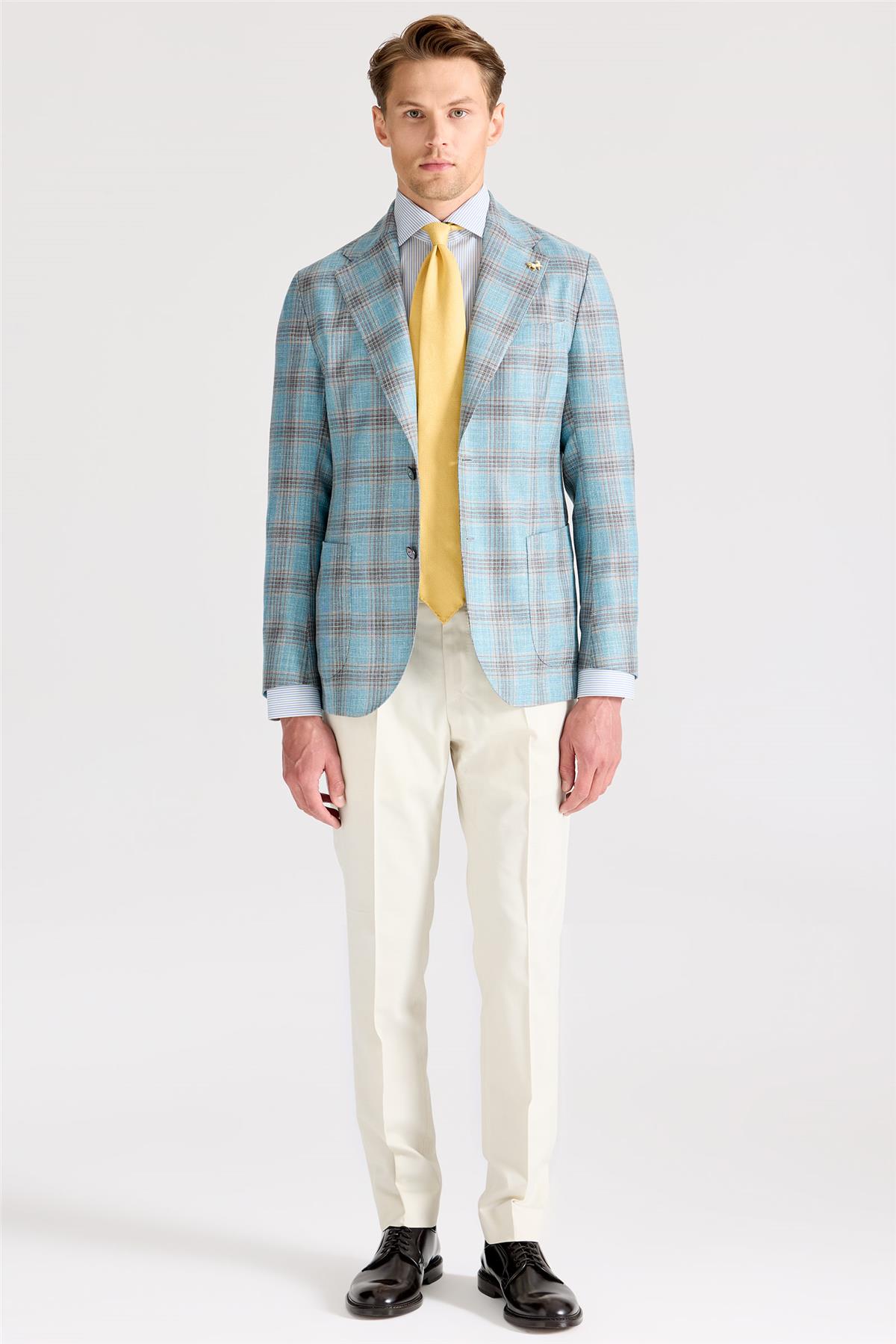 Mavi Kahverengi Kareli Yün İpek Ceket