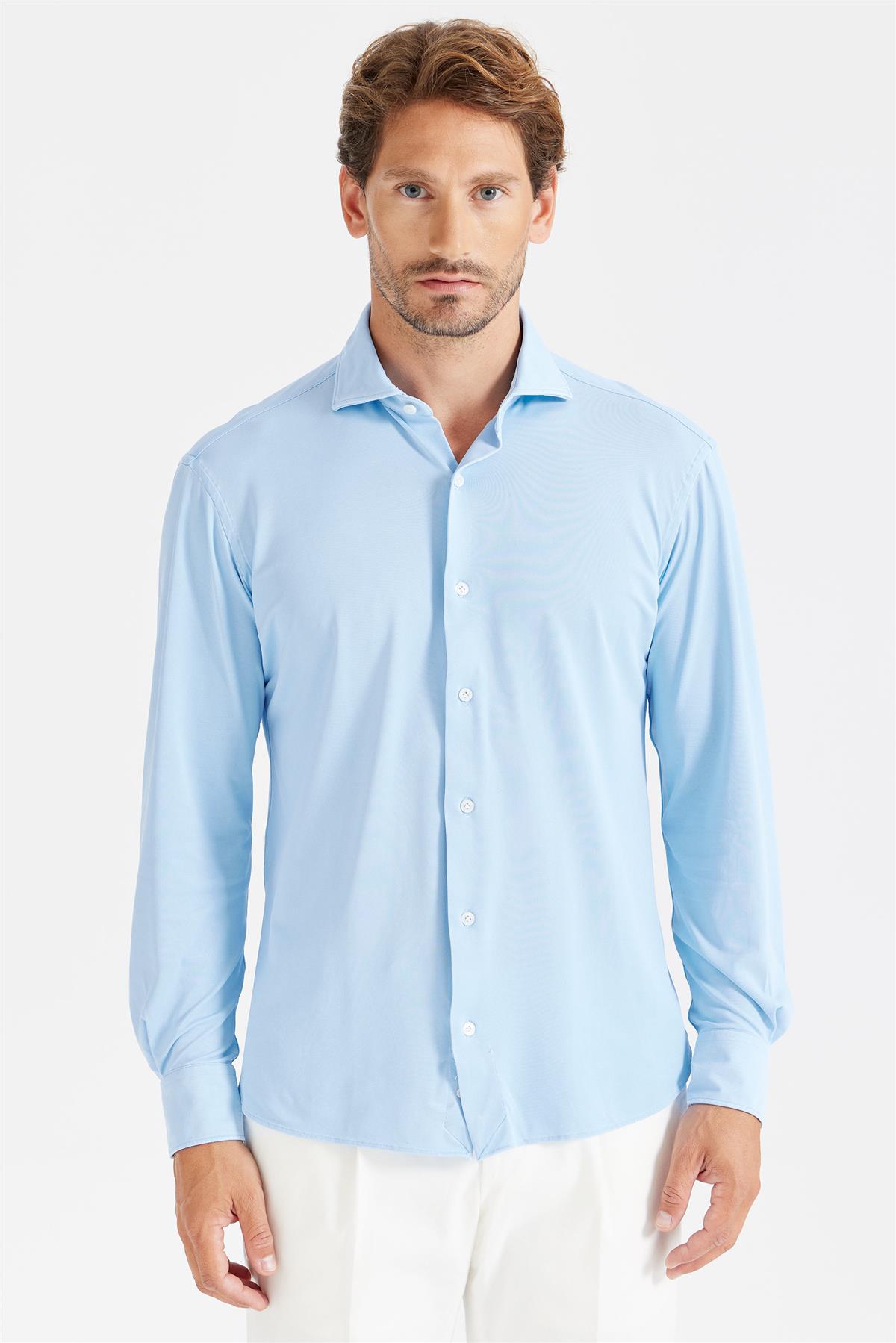 Mavi Oxford Teknik Kumaş Gömlek