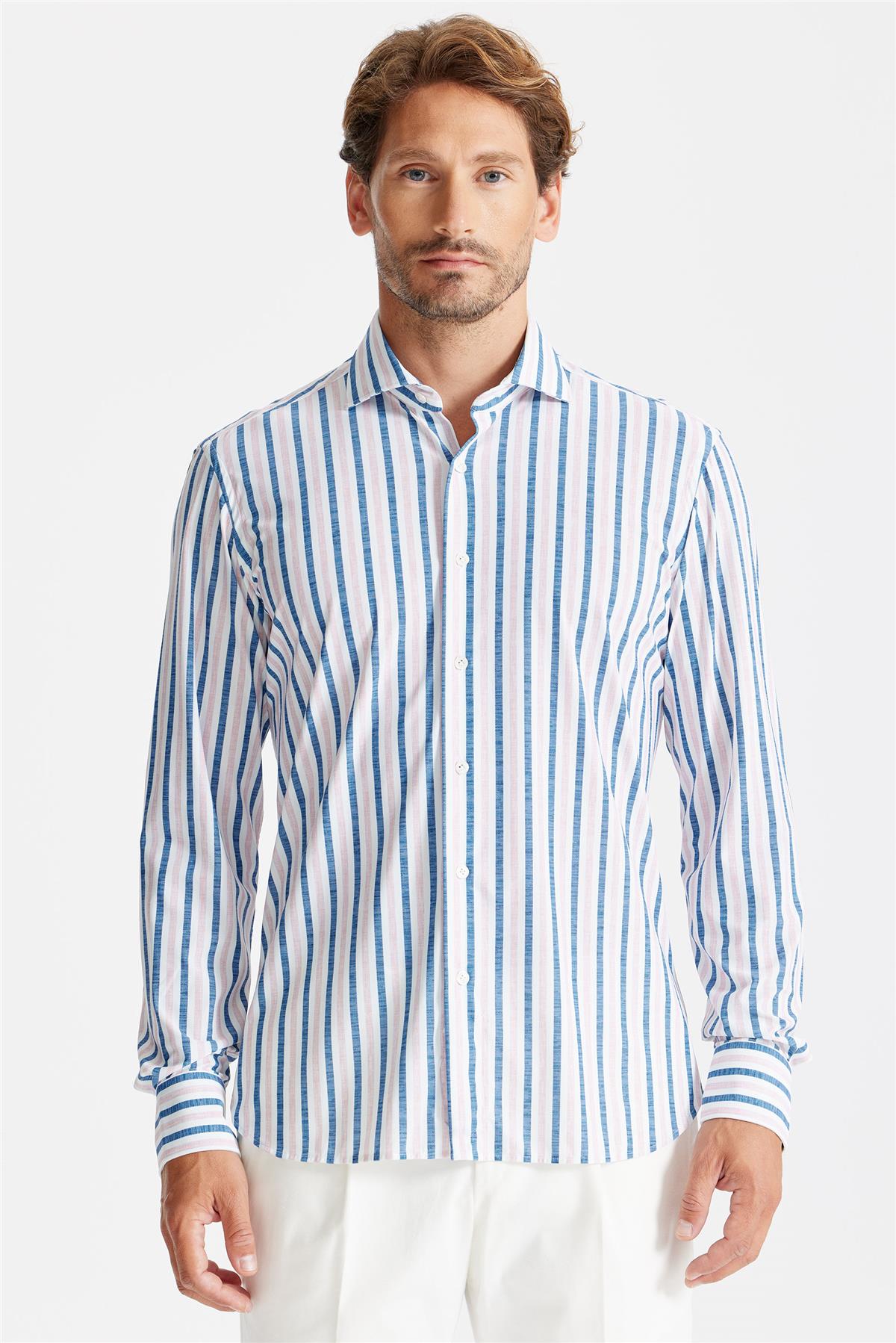 Mavi Pembe Çizgili Teknik Kumaş Gömlek