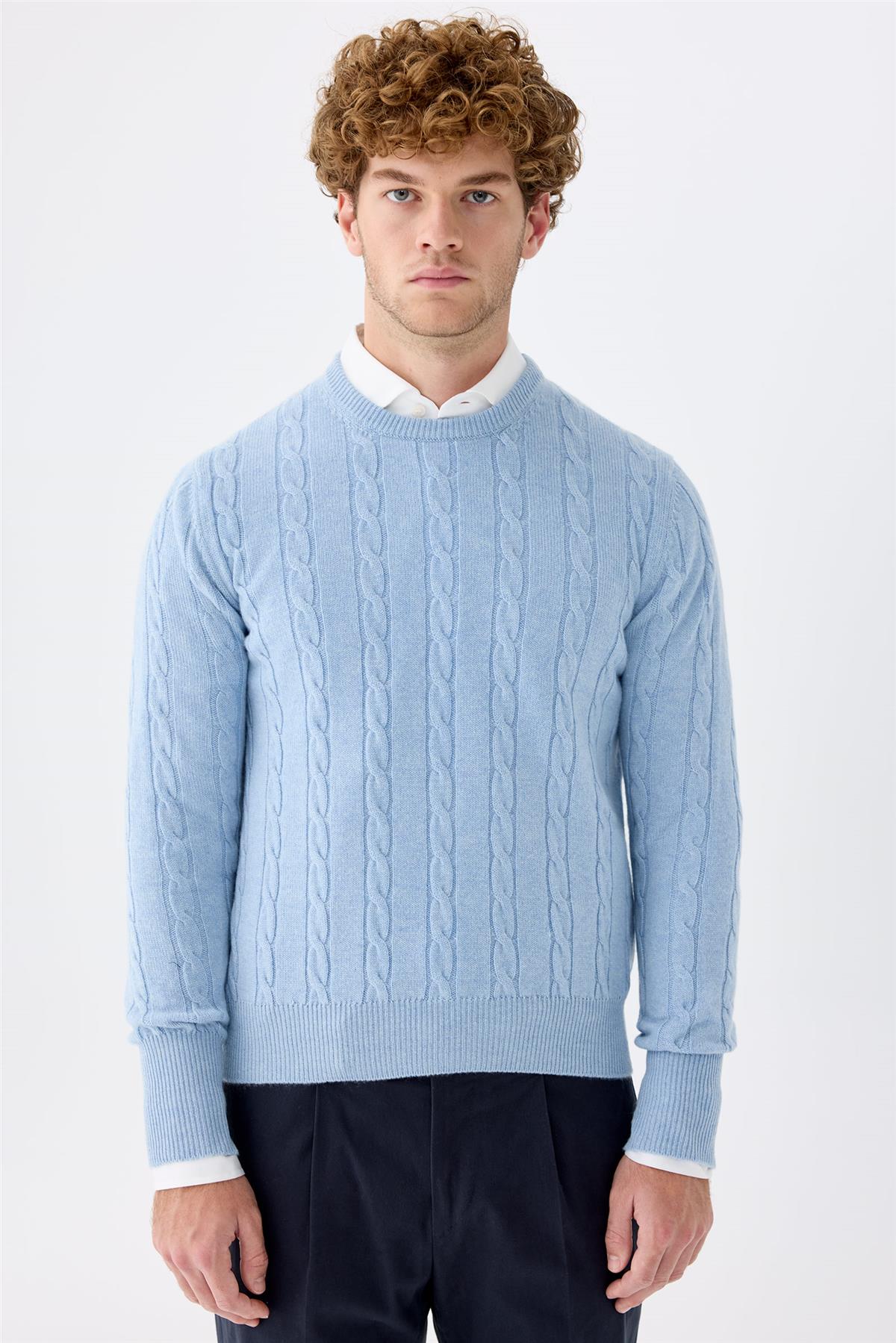 Mavi Sıfır Yaka Kaşmir Kazak