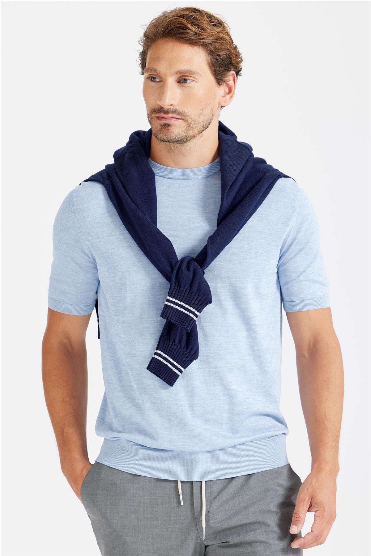 Mavi Sıfır Yaka Pamuk İpek Triko