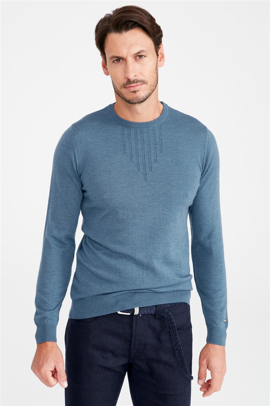 Mavi Sıfır Yaka Yün Triko