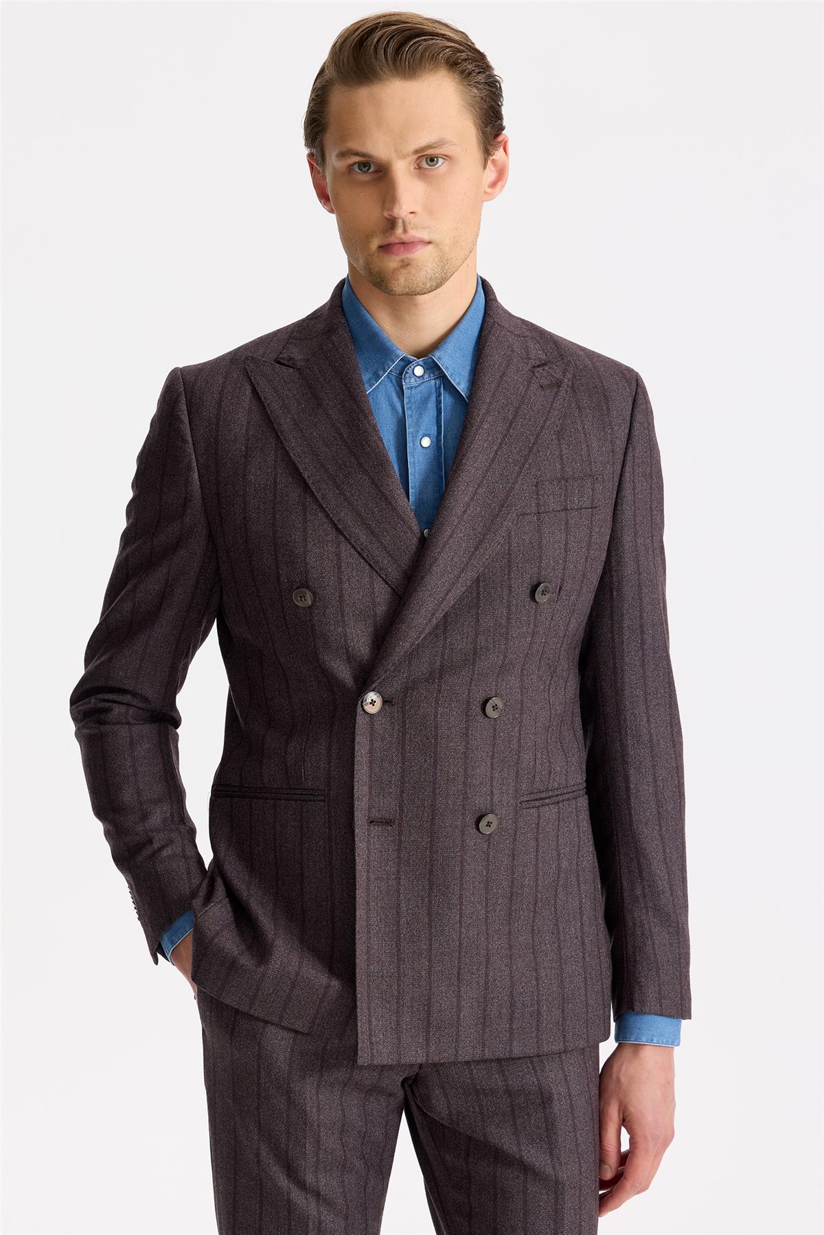 Mürdüm Çizgili Kruvaze Yün Takım Elbise