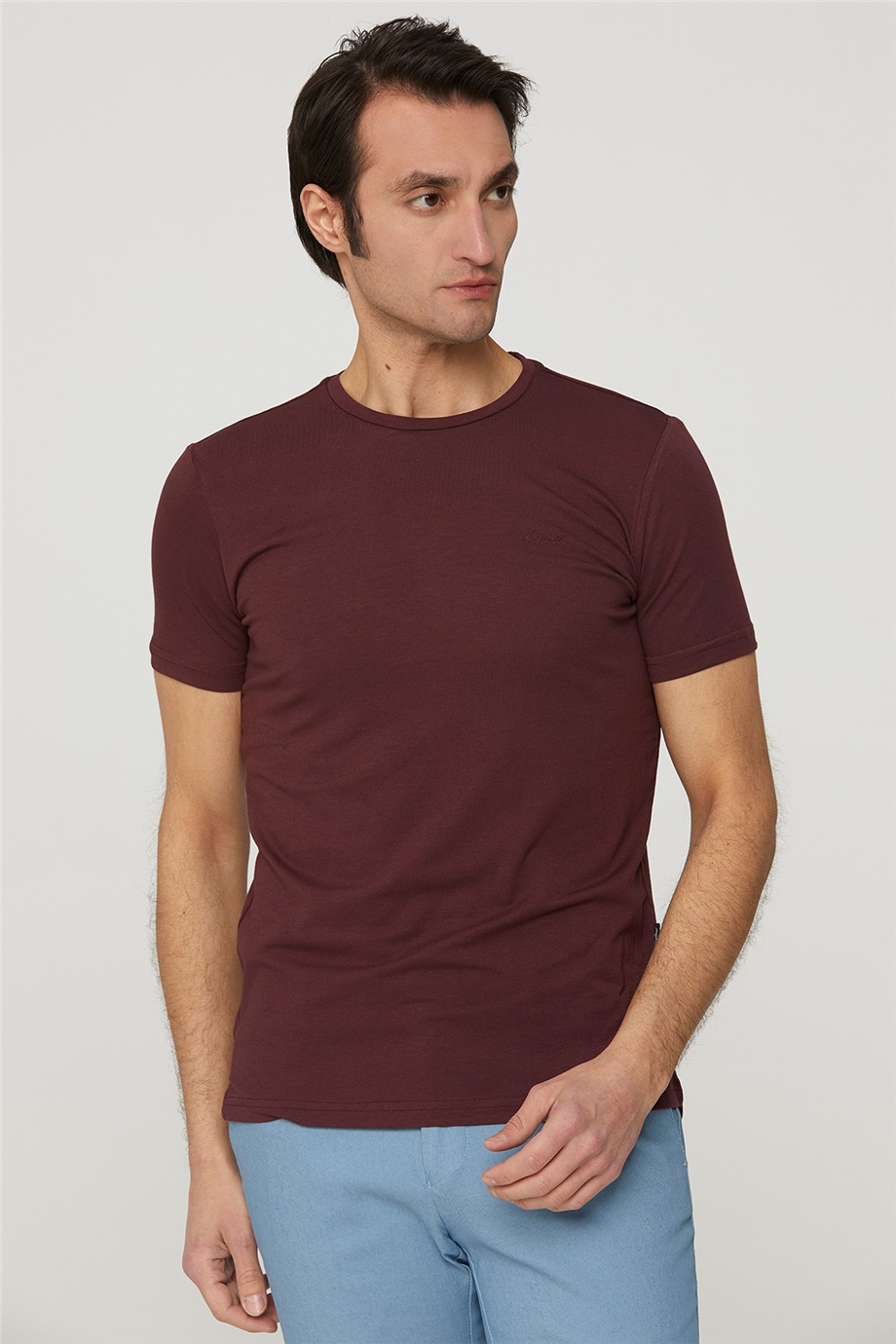 Sıfır Yaka Bordo Basic T-Shirt