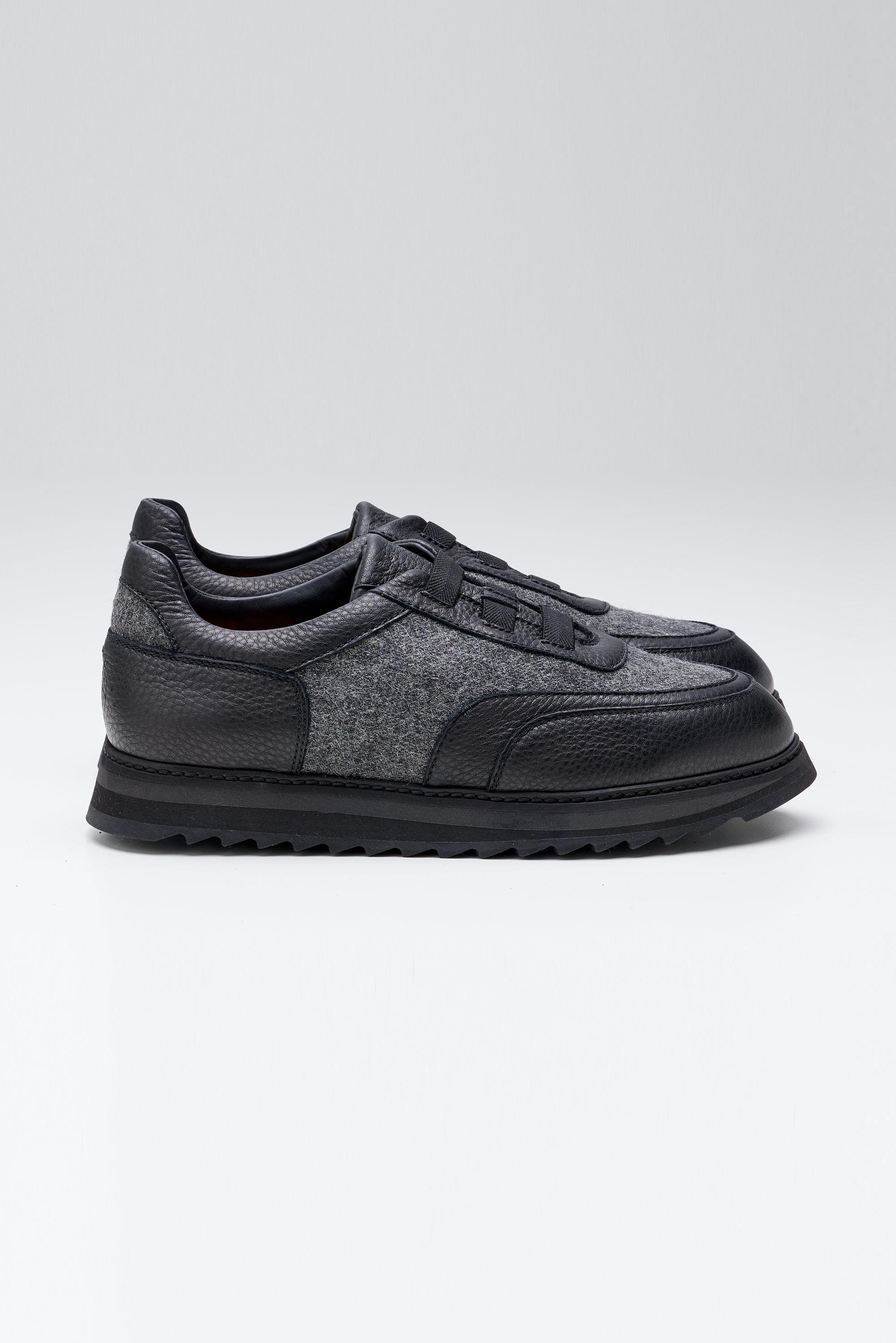 Siyah Gri Bağcıksız Örgü Deri Sneaker 