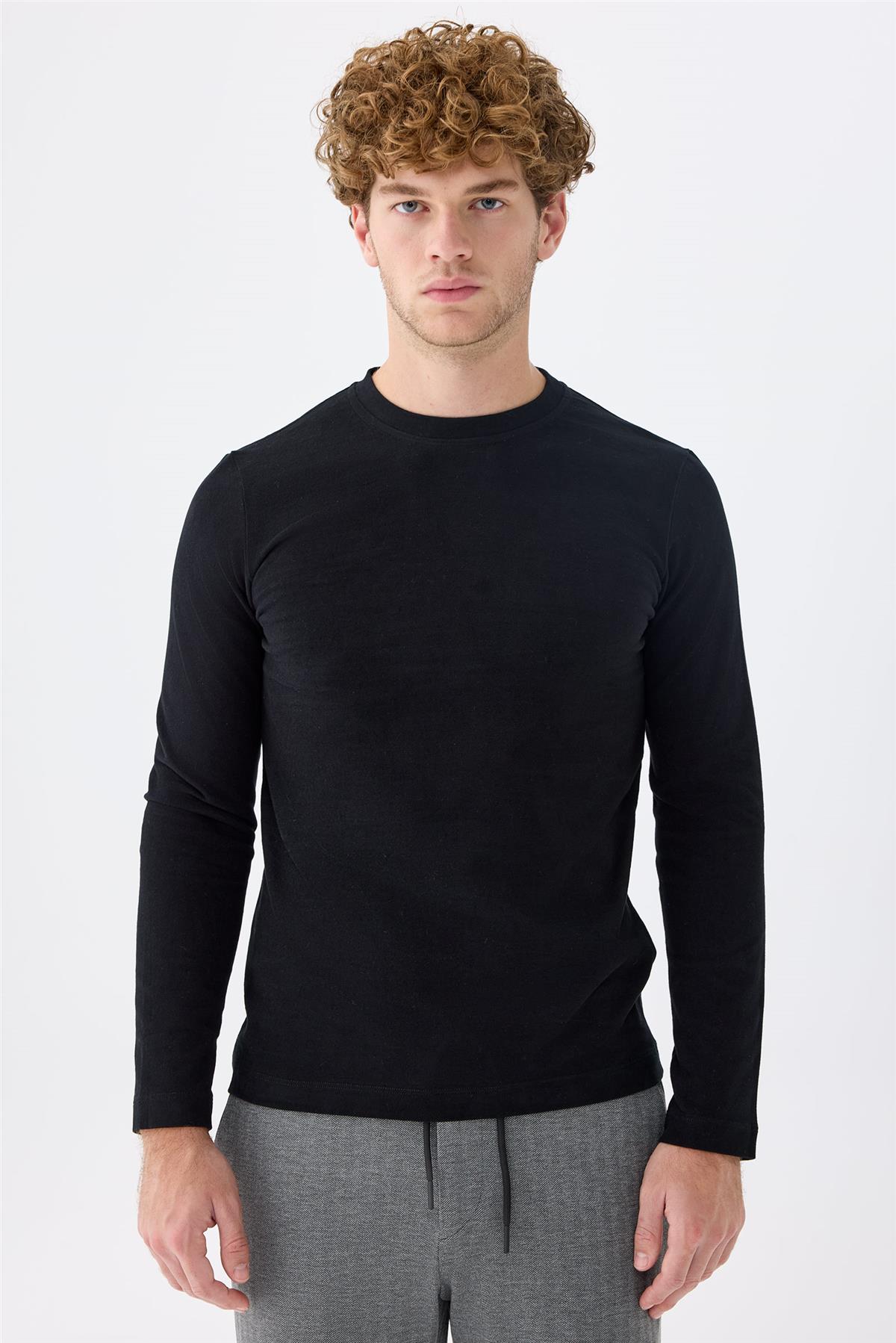 Siyah  Sıfır Yaka Pamuk Sweatshirt