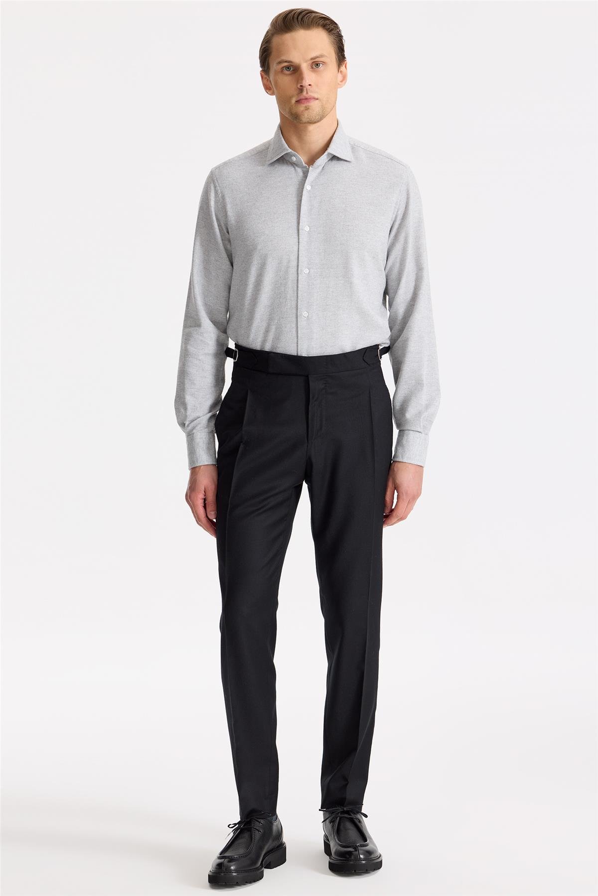 Siyah Tokalı Yün Flanel Pantolon