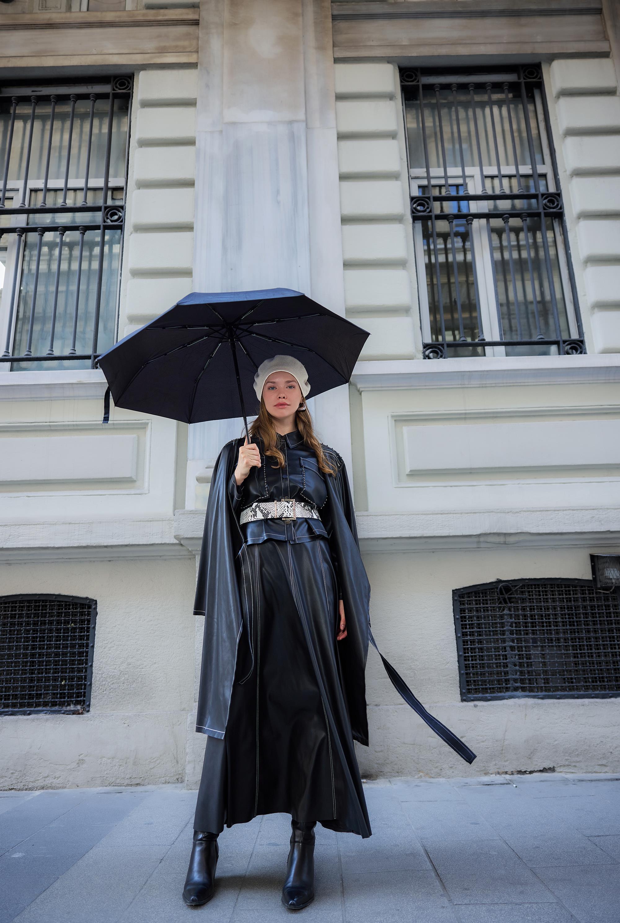 SİYAH ÇİFT CEP KAPAKLI BİLYELİ DERİ CEKET