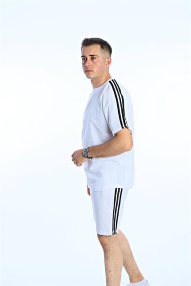 3 Şeritli Şort Takım Beyaz