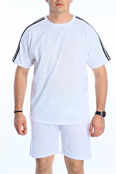 3 Şeritli Şort Takım Beyaz