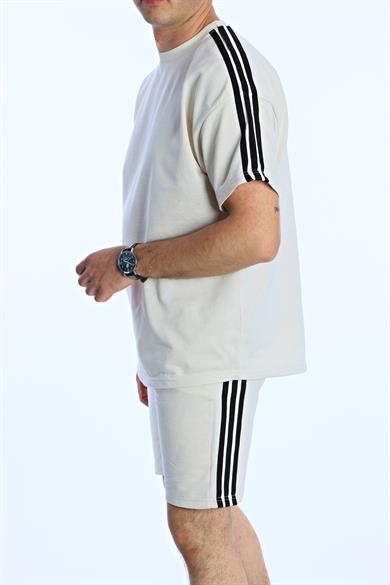 3 Şeritli Şort Takım Krem