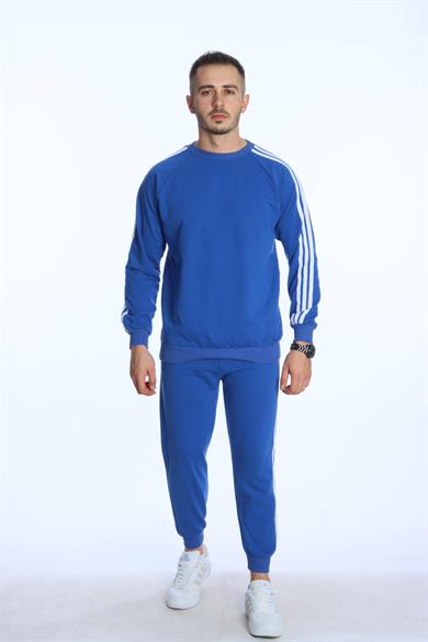3 Şeritli Sweat Eşofman Takım Saks Mavi