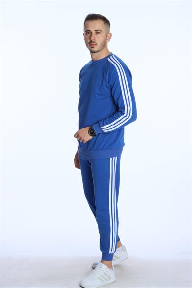 3 Şeritli Sweat Eşofman Takım Saks Mavi