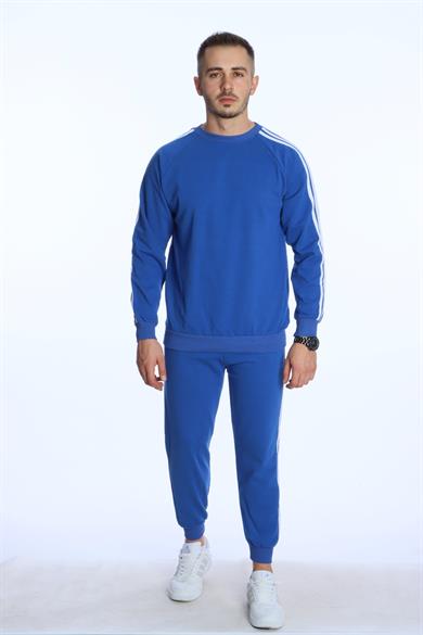 3 Şeritli Sweat Eşofman Takım Saks Mavi