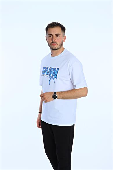Burn Baskılı Oversize Tişört Beyaz