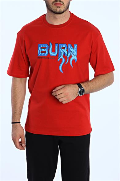 Burn Baskılı Oversize Tişört Kırmızı
