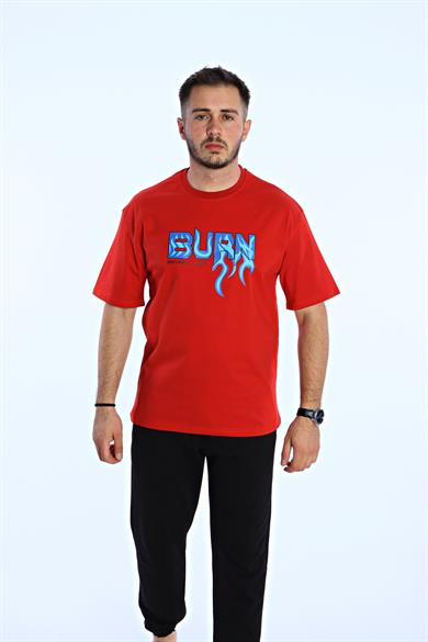 Burn Baskılı Oversize Tişört Kırmızı