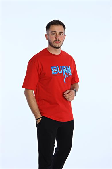 Burn Baskılı Oversize Tişört Kırmızı