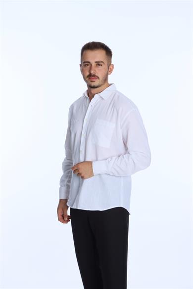 Buteks Ham Keten Tek Cepli Gömlek Beyaz