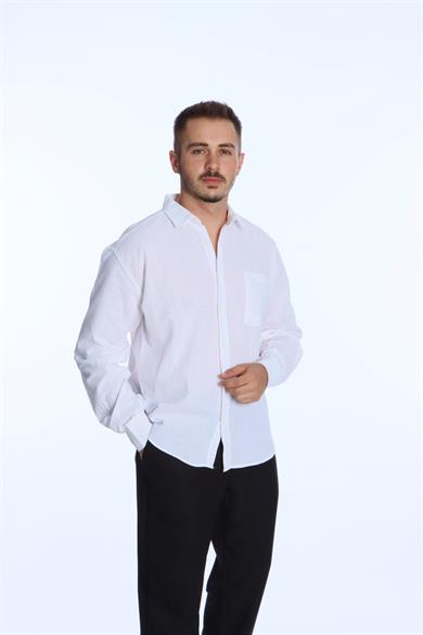 Buteks Ham Keten Tek Cepli Gömlek Beyaz