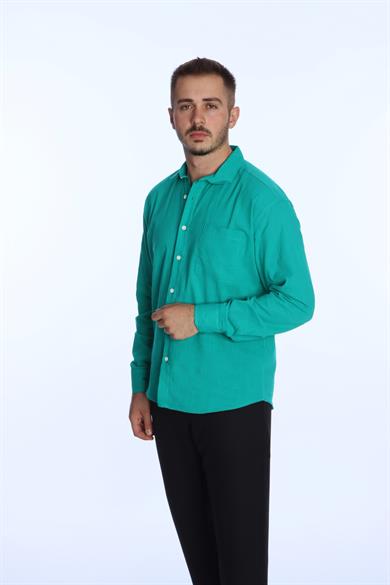 Buteks Ham Keten Tek Cepli Gömlek Mint Yeşili