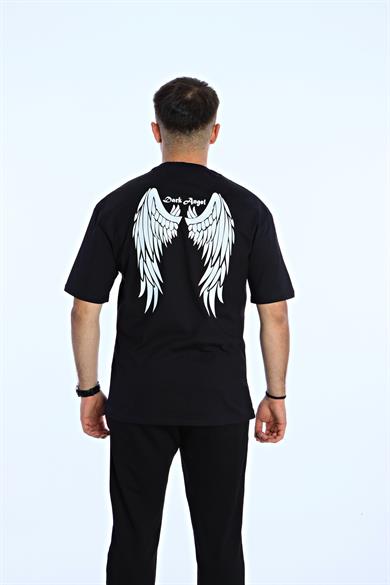 Dark Angel  Baskılı Oversize Tişört Siyah