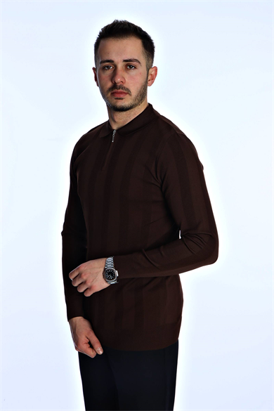 Eg38 Minimal Çizgi Fermuarlı Triko Kazak Kahve