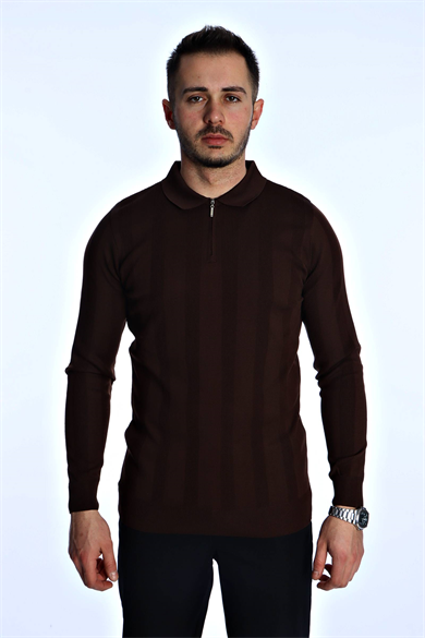 Eg38 Minimal Çizgi Fermuarlı Triko Kazak Kahve