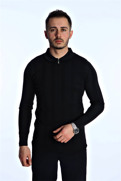 Eg38 Minimal Çizgi Fermuarlı Triko Kazak Siyah