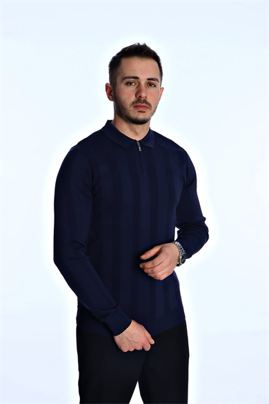 Eg38 Minimal Çizgi Fermuarlı Triko Kazak Lacivert