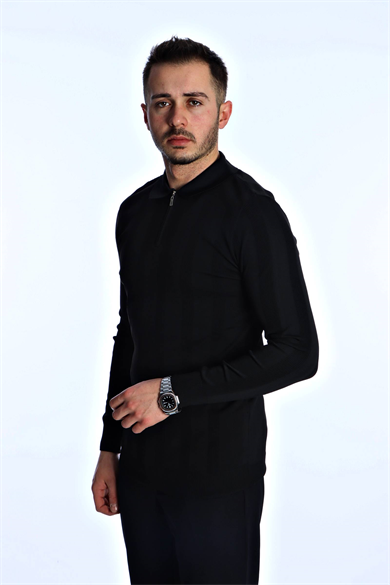 Eg38 Minimal Çizgi Fermuarlı Triko Kazak Siyah