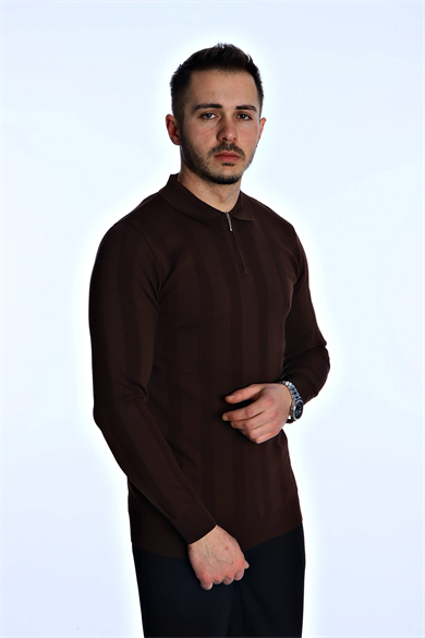 Eg38 Minimal Çizgi Fermuarlı Triko Kazak Kahve