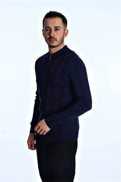 Eg38 Minimal Çizgi Fermuarlı Triko Kazak Lacivert