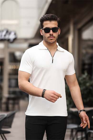 Eg38 Yarım Fermuar Polo Yaka Tşört Beyaz