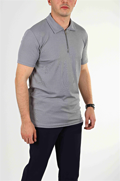 Eg38 Yarım Fermuar Polo Yaka Tşört Gri