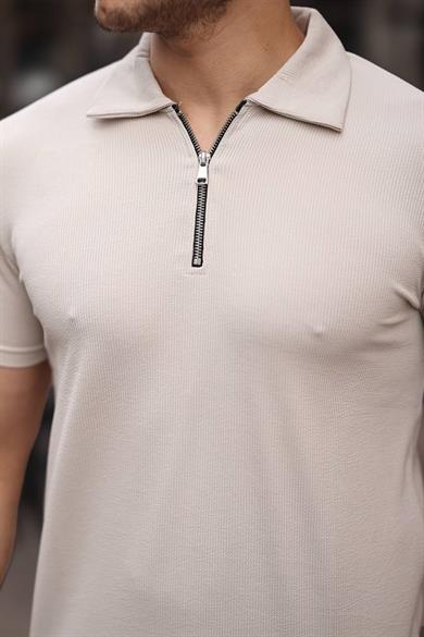 Eg38 Yarım Fermuar Polo Yaka Tşört Krem