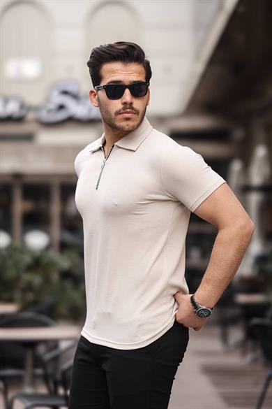 Eg38 Yarım Fermuar Polo Yaka Tşört Krem