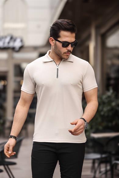 Eg38 Yarım Fermuar Polo Yaka Tşört Krem